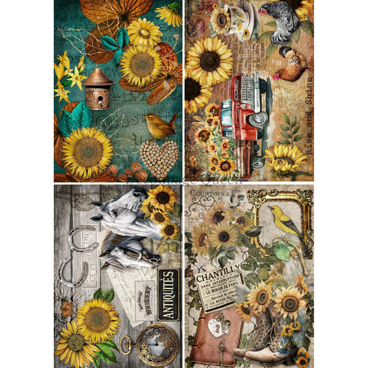 0495_A4- Rice Paper - Decoupage Queen - Country Sunflowers - 4 images