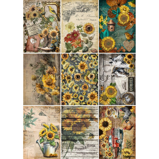 0496_A4- Rice Paper - Decoupage Queen - Sunflower Journaling Cards 9 Images
