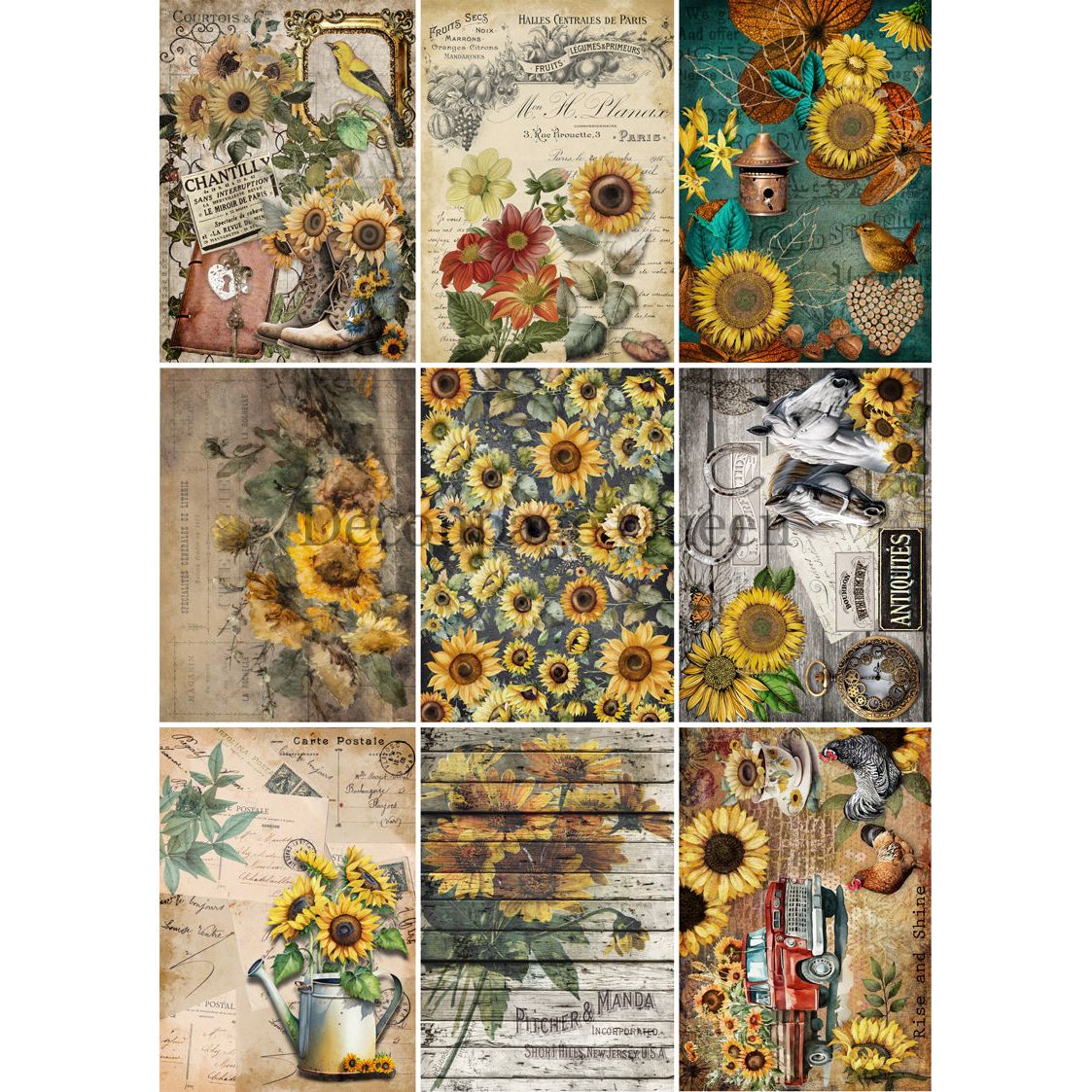 0496_A4- Rice Paper - Decoupage Queen - Sunflower Journaling Cards 9 Images