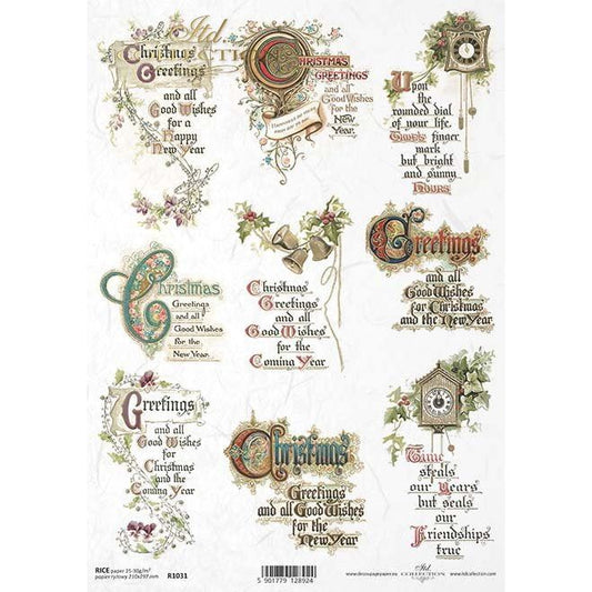 R1031 - Decoupage Rice Paper -  Christmas, Christmas inscriptions, Christmas Greetings, calligraphy, medieval letters, handwriting