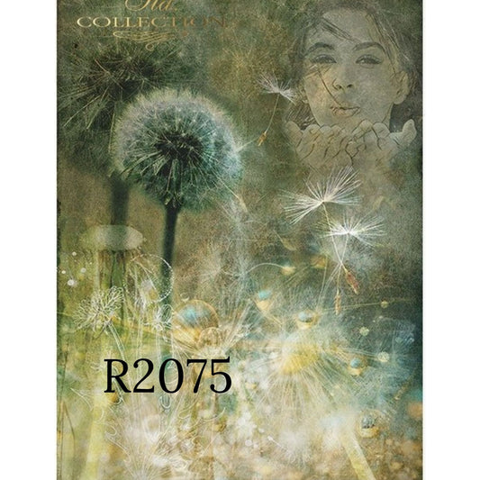 R2075 - Decoupage Rice Paper - woman's face, plants, dandelions, wishes