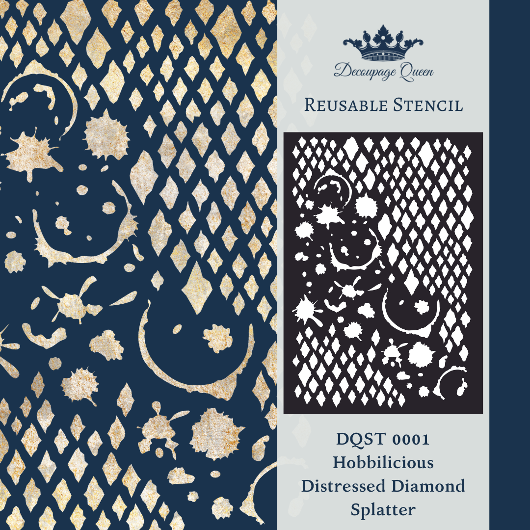Decoupage Queen Hobbilicious Distressed Diamond Splatter Reusable Stencil