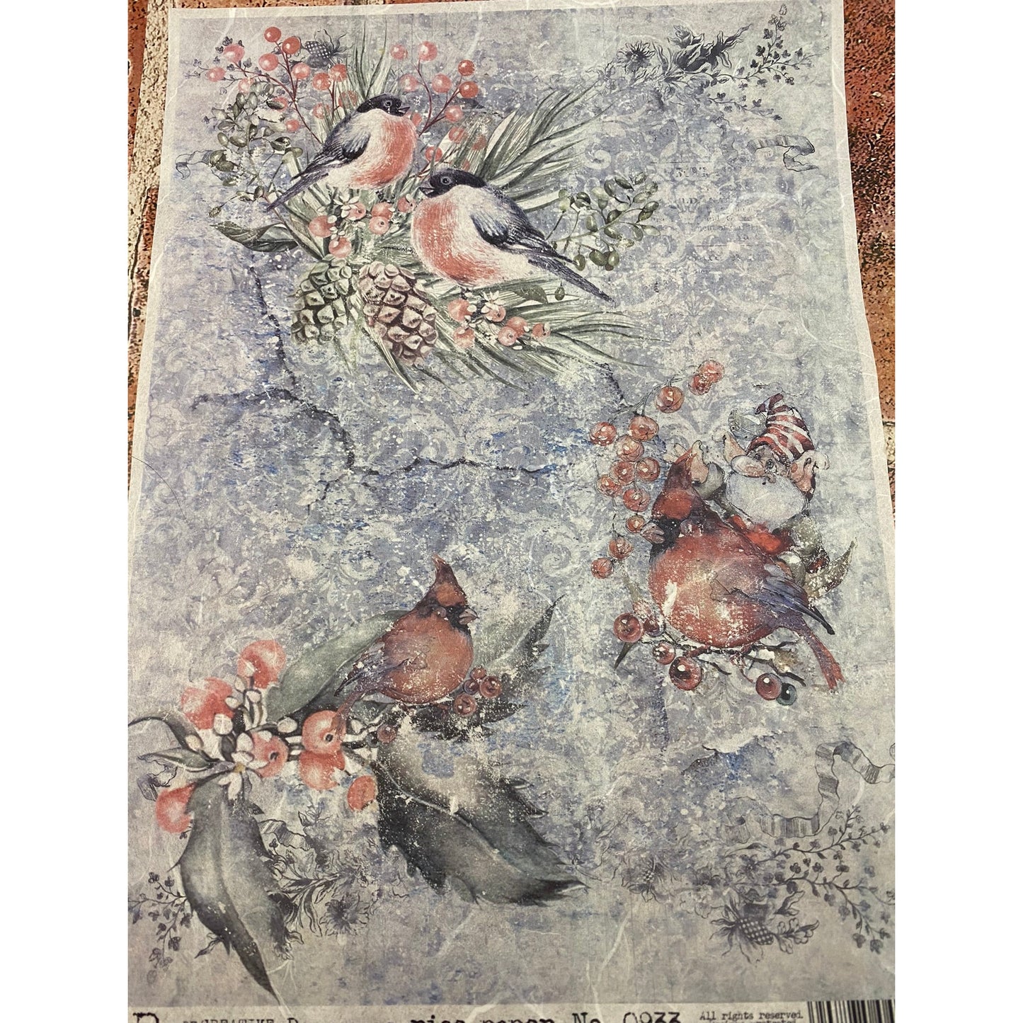 9869 - 6 Rice Papers - AB Studios Holiday Cheer Pack 1 - 6 Pages Total - Cardinals, Gnomes, Christmas Backgrounds, Winter Birds, Wreath