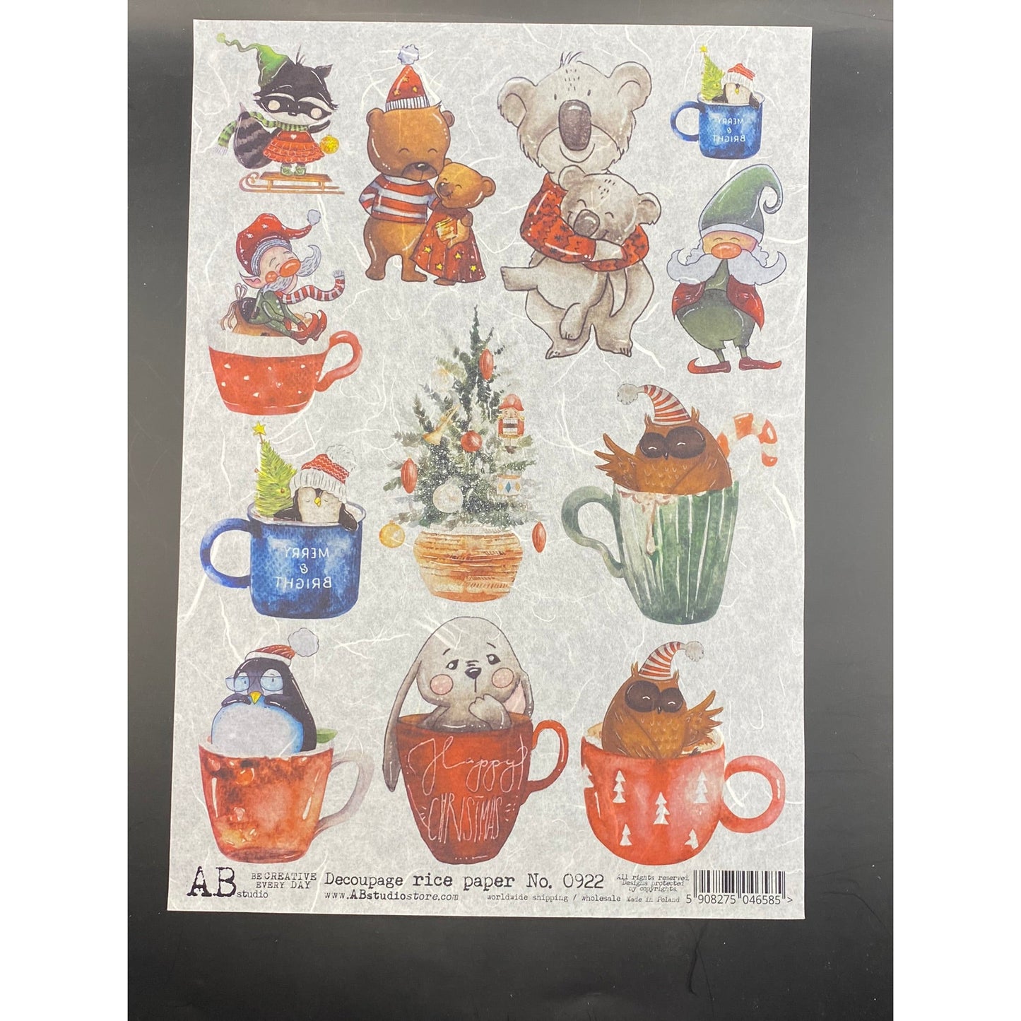 0003 - 6 Rice Papers - AB Studios A Simple Christmas Story - 6 Pages Total - Animals, Ornaments, Christmas Background