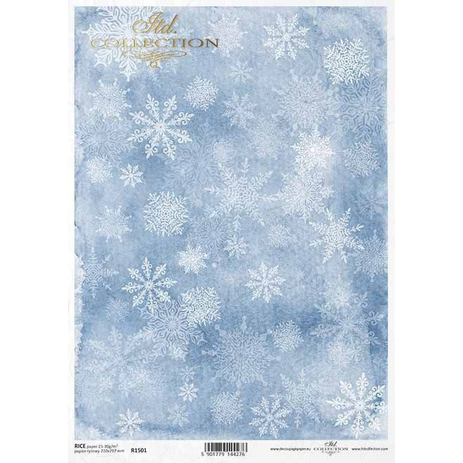 R1501 - Decoupage Rice Paper - White snowflakes on a blue background, Christmas, winter motifs, winter, snow, snowflakes