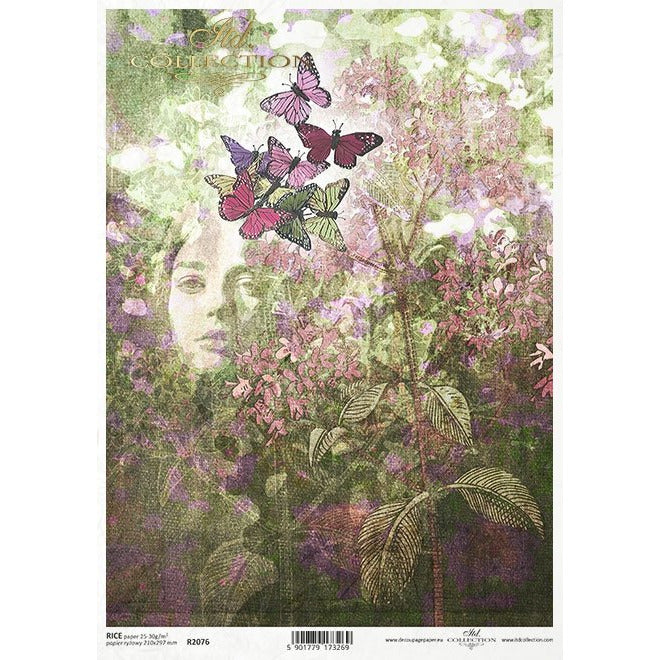 R2076 - Decoupage Rice Paper - woman's face, plants, oregano