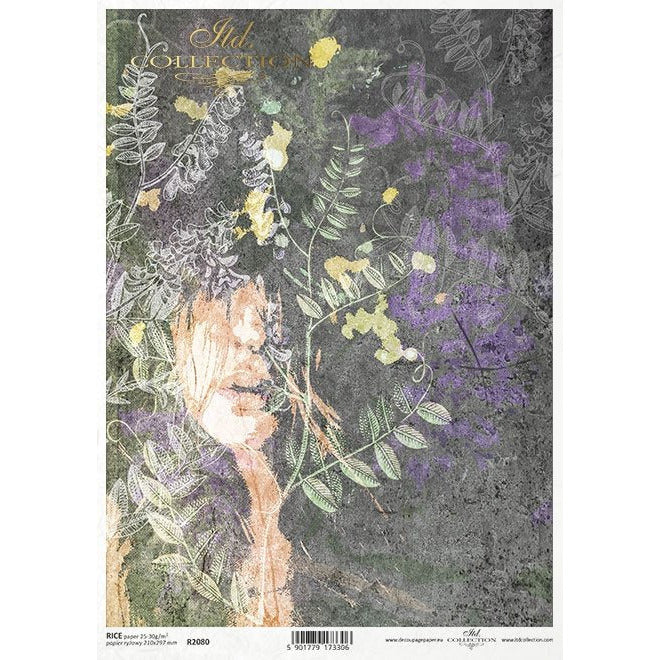 R2080 - Decoupage Rice Paper - woman's face, plants, vetch