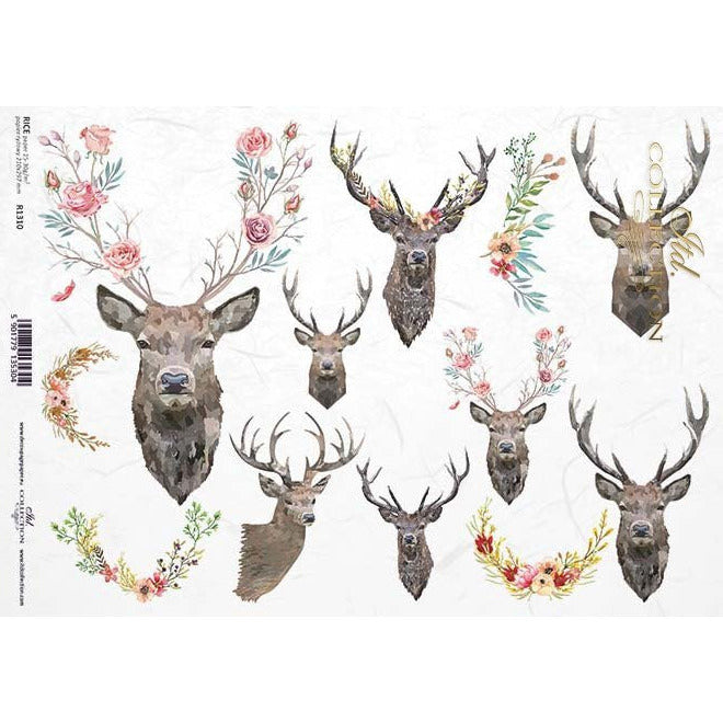 R1310 - Decoupage paper - heads, antlers, deer antlers, deer, deer, flowers