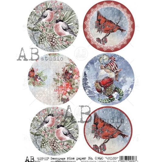 0960 - Rice Paper - AB Studios Cardinal, Birds, and Gnome Ornament Rounds