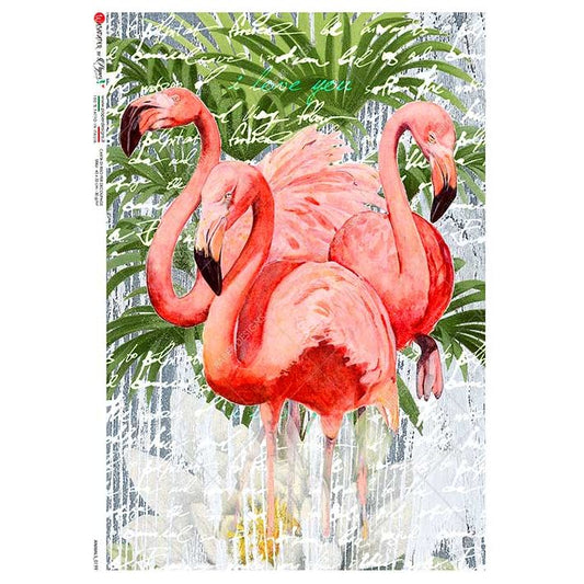 0199 - Rice Paper - Paper Designs - Animals - Three Pink Flamingos