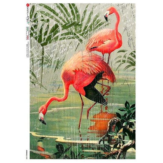 0200 - Rice Paper - Paper Designs - Animals - Two Pink Flamingos at the Pond