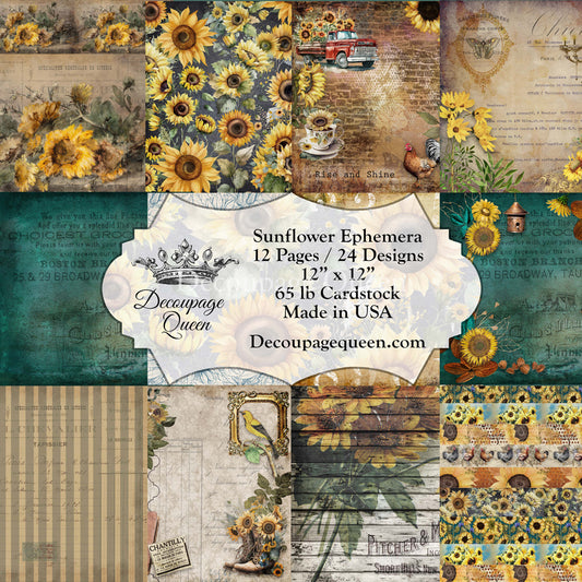 Decoupage Queen Sunflower Ephemera Scrapbook Set - Size 12" x 12"