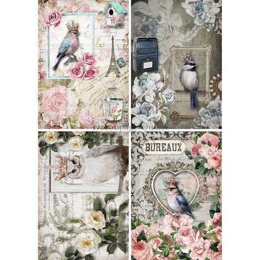 0560 - Rice Paper - Decoupage Queen - Crowned Birds 4 Pack (4 images on 1 Page)