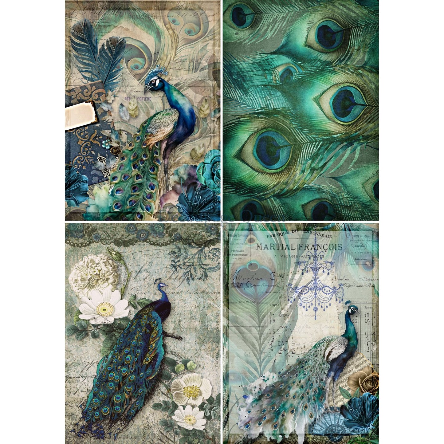 0566 - Rice Paper - Decoupage Queen - Peacock Four Pack (4 images on 1 page)