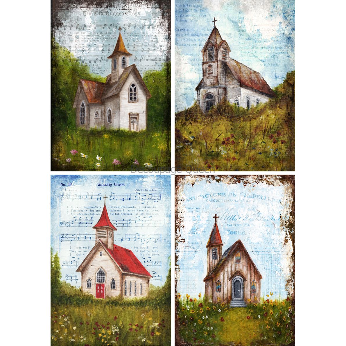 0648 - Rice Paper - Decoupage Queen - Teresa Rene Art - The Four Churches (4 images on 1 page)