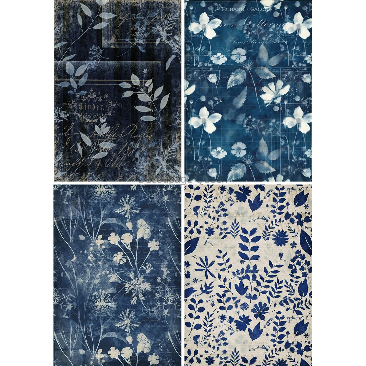 0660 - Rice Paper - Decoupage Queen - Teresa Rene Art - Indigo Botanical 4 packs (4 images on 1 page)