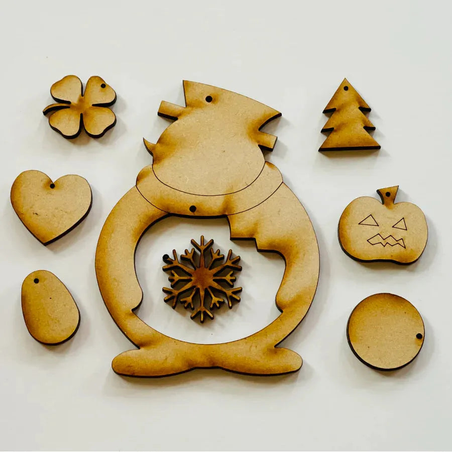 Unfinished MDF - Ornament - Snowman with 8 holiday attachments