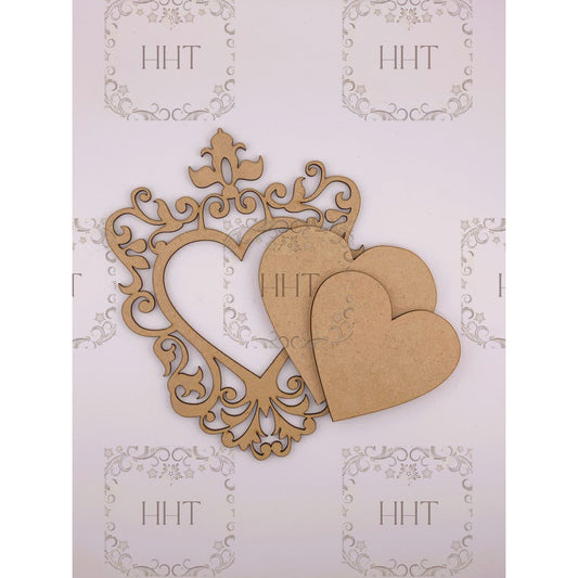 MDF Scrolled Ornament Heart with Overlay, 3 Pieces