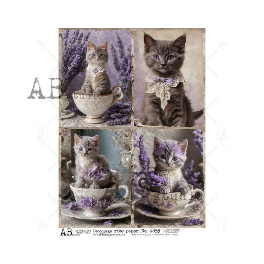 4953 - A4 - Rice Paper - AB Studios Four Kitties in Teacups