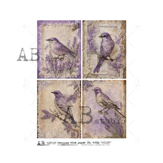 4986 - A4 - Rice Paper - AB Studios Four Scenes Lavender Birds