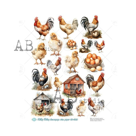 MV209 - A4 - Rice Paper - AB Studios Farmhouse Hens and Roosters