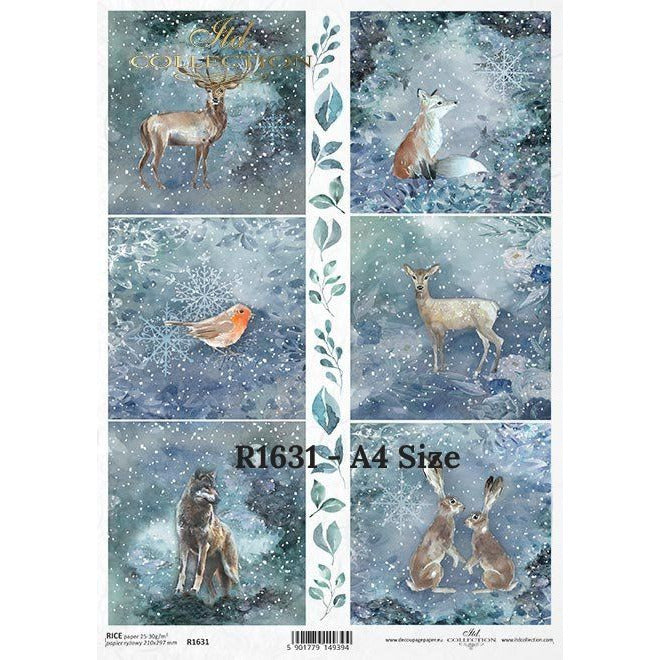 R1631 - Decoupage Rice Paper - Christmas Eve, winter, forest animals, fox, deer, wolf, hares, birds