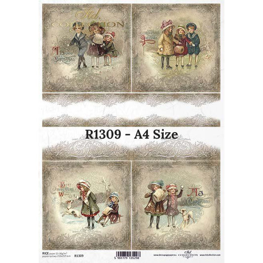 R1309 - Decoupage Rice Paper - Vintage, Retro, Christmas, Winter, Kids, Ornament, Frame