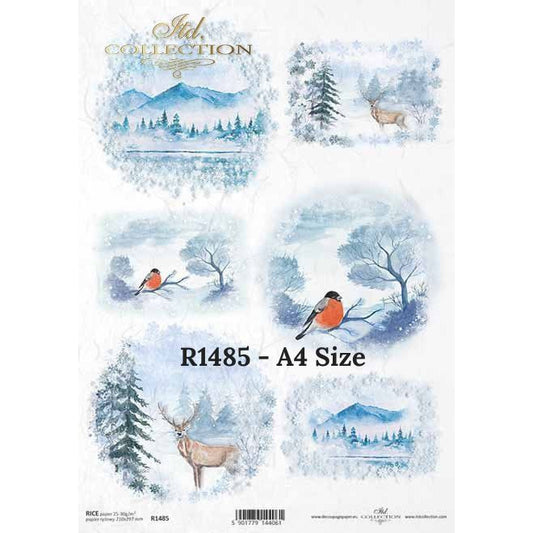 R1485 - Decoupage Rice Paper - Christmas, winter views, mountains, deer, birds, bullfinch