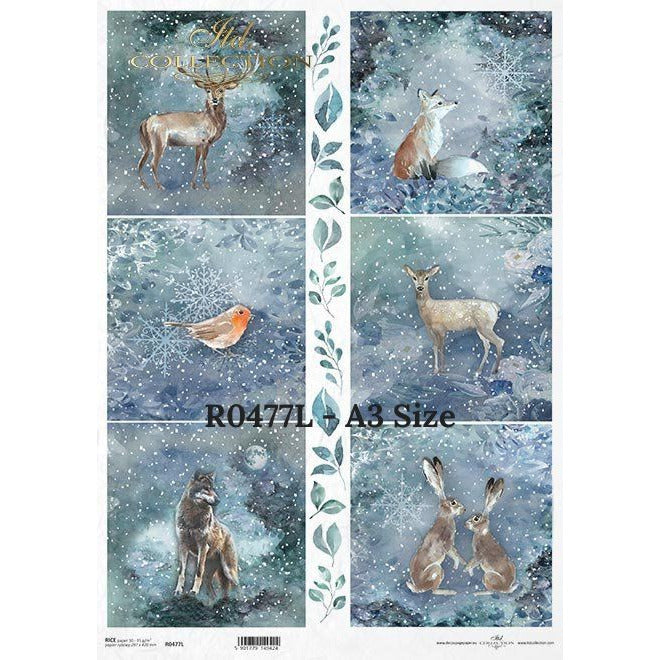 R0477L - Decoupage Rice Paper - Christmas Eve, winter, forest animals, fox, deer, wolf, hares, birds