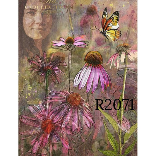 R2071 - Decoupage Rice paper - woman's face, plants, echinacea, echinacea