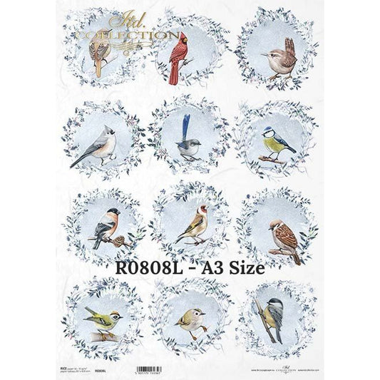 R0808L - Decoupage Rice Paper - painted with frost, wreaths with birds
