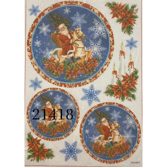 21418 - Decoupage Rice Paper - Santa on Horse, Santa, Christmas, Poinsettia
