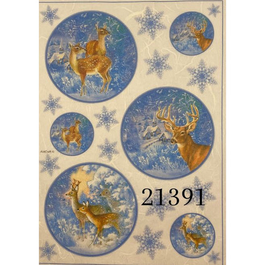 21391 - Decoupage Rice Paper - Deer, Winter, Christmas, Woodland, Blue Snowflake