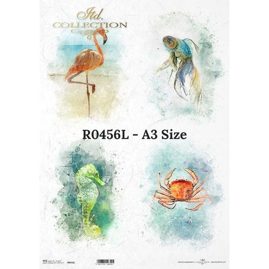 R0456L - Decoupage Rice Paper - Ocean of dreams, sea horse, crab, flamingo, goldfish, tropical adventure