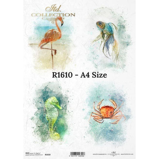 R1610 - Decoupage Rice Paper - Ocean of dreams, sea horse, crab, flamingo, goldfish, tropical adventure
