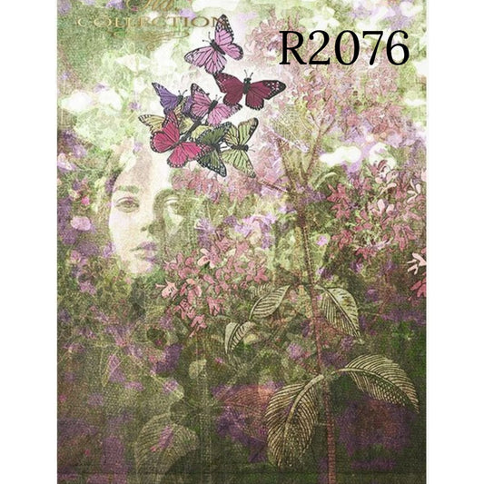 R2076 - Decoupage Rice Paper - woman's face, plants, oregano