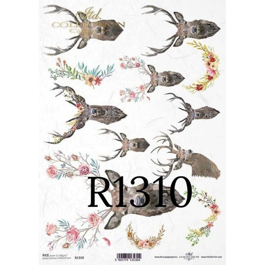 R1310 - Decoupage paper - heads, antlers, deer antlers, deer, deer, flowers