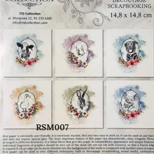 RSM007 - Decoupage Rice Paper mini set - cow, duck, dog, goose, rabbit, pig