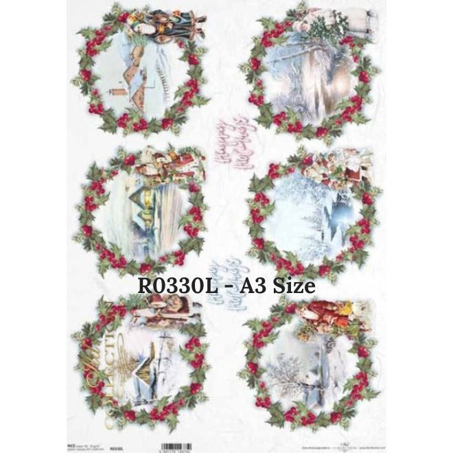 R0330L - Decoupage Rice Paper - Christmas, winter, winter pictures, Christmas decorations, Christmas wreaths