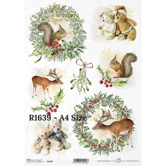R1639 - Decoupage Rice Paper - Christmas, wreaths, fawns, teddy bears, squirrels, mistletoe