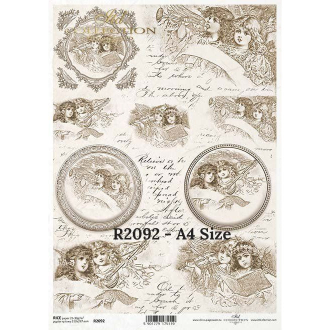 R2092 - Decoupage Rice Paper - Vintage Angels series - vintage angels, decorative frames, letter