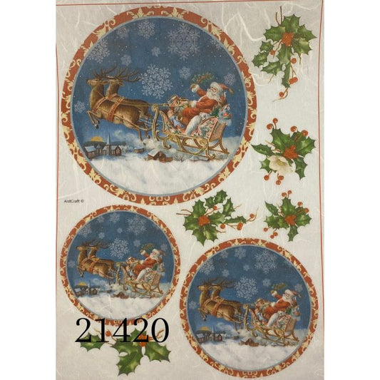 21420 - Decoupage Rice Paper - Santa and Sleigh with Deer, Santa Flying, Christmas