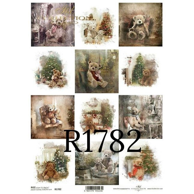 R1782 - Decoupage Rice Paper - Teddy bear, teddy bears, Christmas tree, holidays Christmas