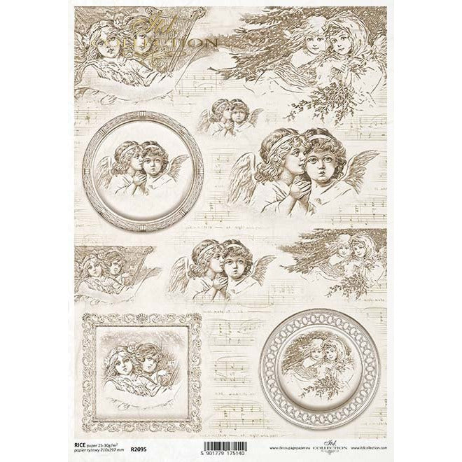 R2095 - Decoupage Rice Paper - Vintage Angels series - vintage angels, decorative frames, sheet music