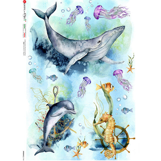0164A4 - Rice Paper - Paper Designs - Animals - Sea Life, Whales