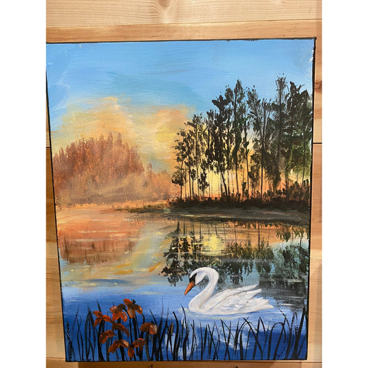 Golden Pond - Original Artwork,  Early Morning Lake with Swan Swimming,