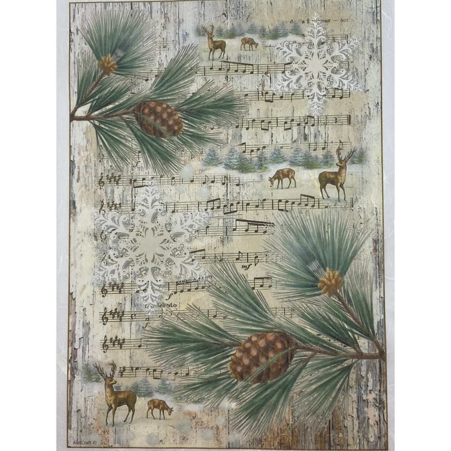 21297 - Decoupage Rice Paper - Deer, Music Sheet, Snowflakes, Winter, Background