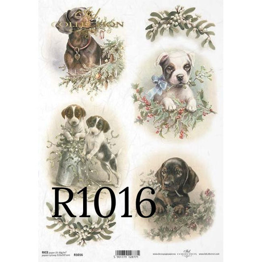 R1016 - Decoupage Rice Paper - Christmas Puppy, Dog, Doggy, Pets, Mistletoe