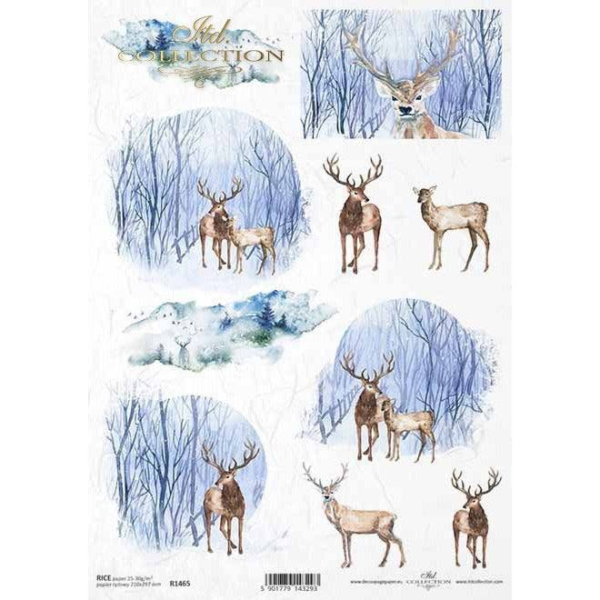 R1465 - Decoupage Rice Paper - Christmas, winter, animals, forest, mountains, deer,