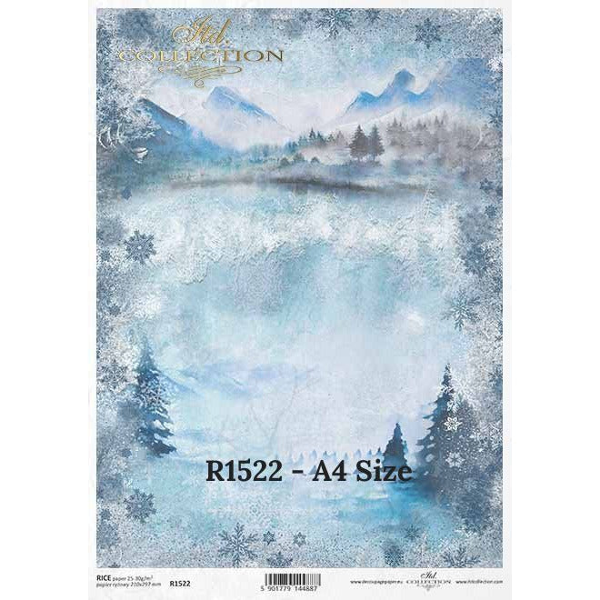 R1522 - Decoupage Rice Paper -  Winter decoupage paper, mountain collage, Christmas, Snowflakes, Stars